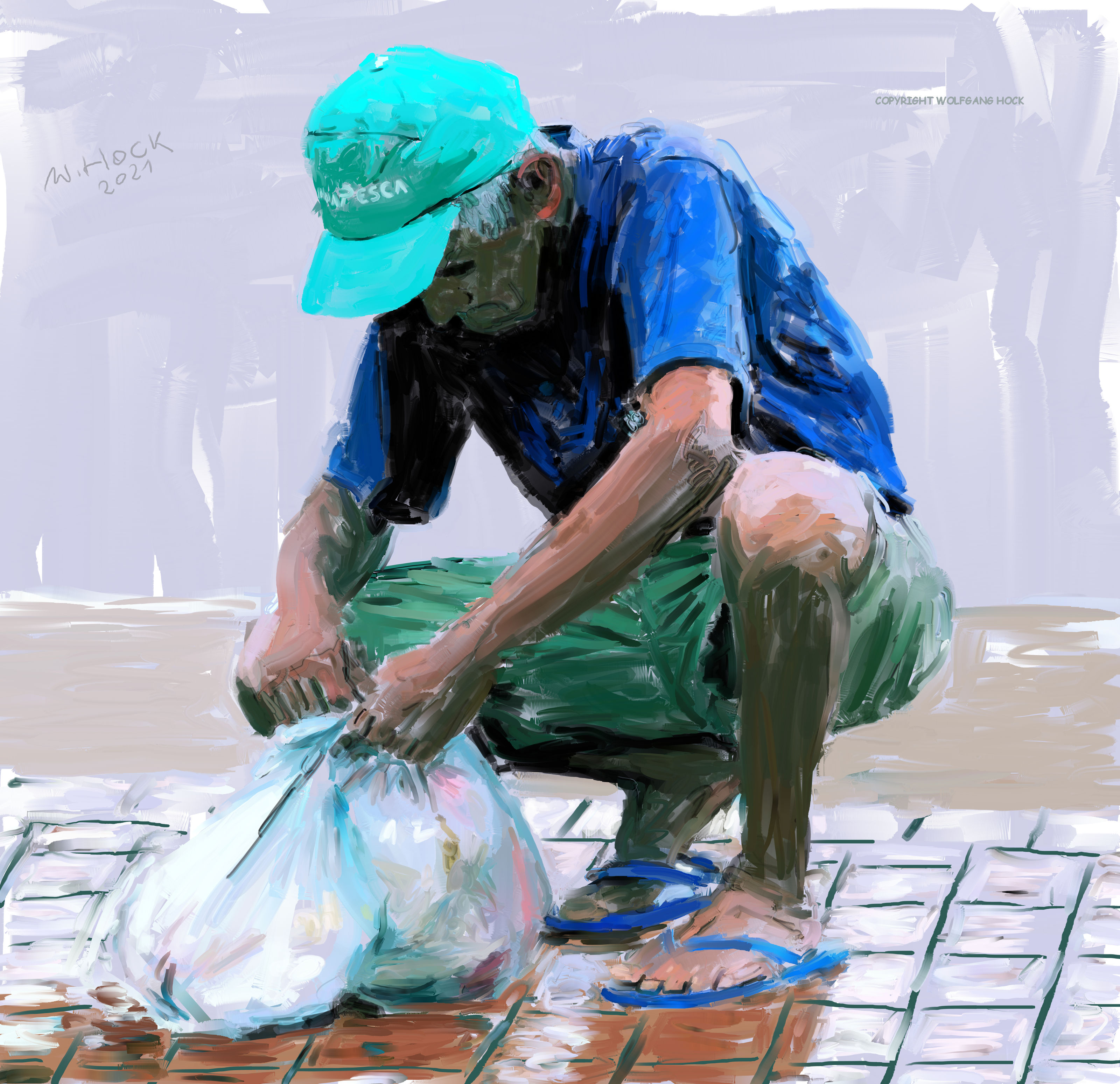 Mann von Icorací mit Einkäufen - Man from Icoraci with purchases - Homem de Icorací com compras 2021   Handmade digital painting on canvas 130 x 125 cm (260 megapixels)